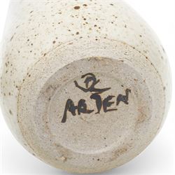 Barbara Cass (1921-1992) for Arden pottery; two studio pottery stoneware vases, one of slender tapered form the other of globular form, in dark green and cream glaze with speckled decoration, impressed marks to bases, tallest H39cm (2)