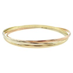 9ct rose, white and yellow gold bangle, hallmarked