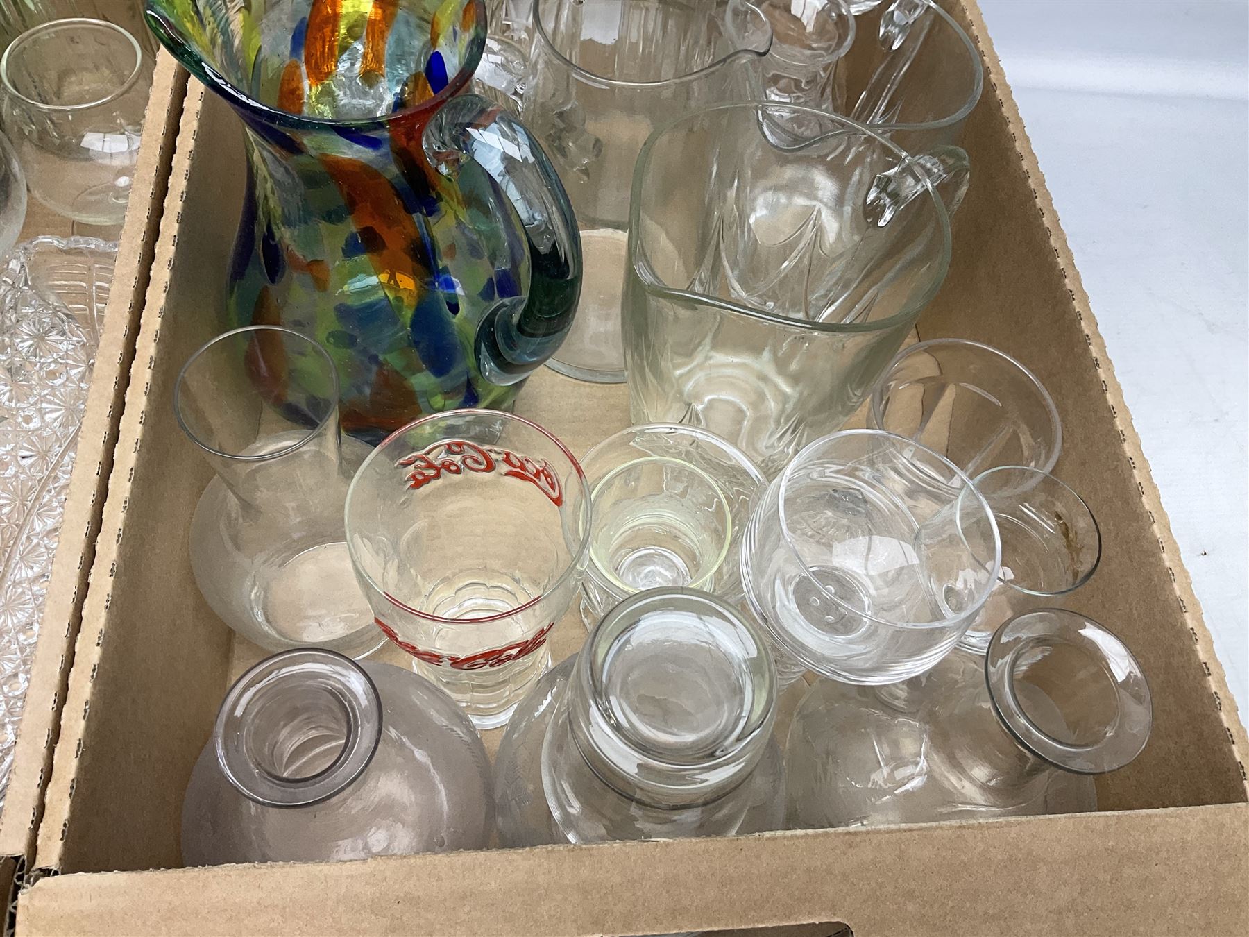Large collection of glassware to include Schweppes soda syphon, Murano, vases, drinking glasses, coloured glass, cranberry etc in seven boxes