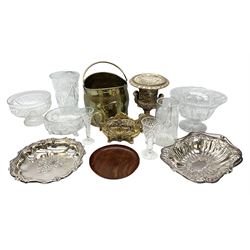 Silver plated dish with foliate decoration, Silver plated dish with handle and claw feet, twin handled plaster urn of campana form, relief decorated with classical figures, cut glass jug, bowls etc, tow boxes