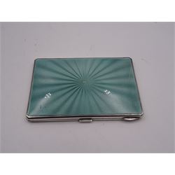 Late Art Deco silver and enamel cigarette case, with green guilloche enamelled front, engine turned detail verso, and gilt interior, hallmarked G & G, Birmingham 1938, H12.5cm, approximate gross weight 7.75 ozt (241.1 grams)