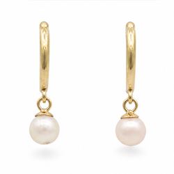 Pair of 9ct gold pearl pendant earrings, each stud set with a single white pearl, stamped 375