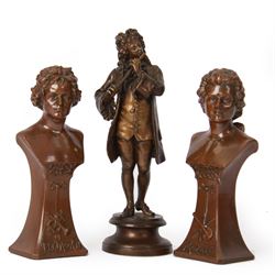 Cast metal figure depicting man in classical dress playing a flute, signed to base Par Lalouette, together with a pair of busts, depicting Beethoven and Mozart, tallest H22cm