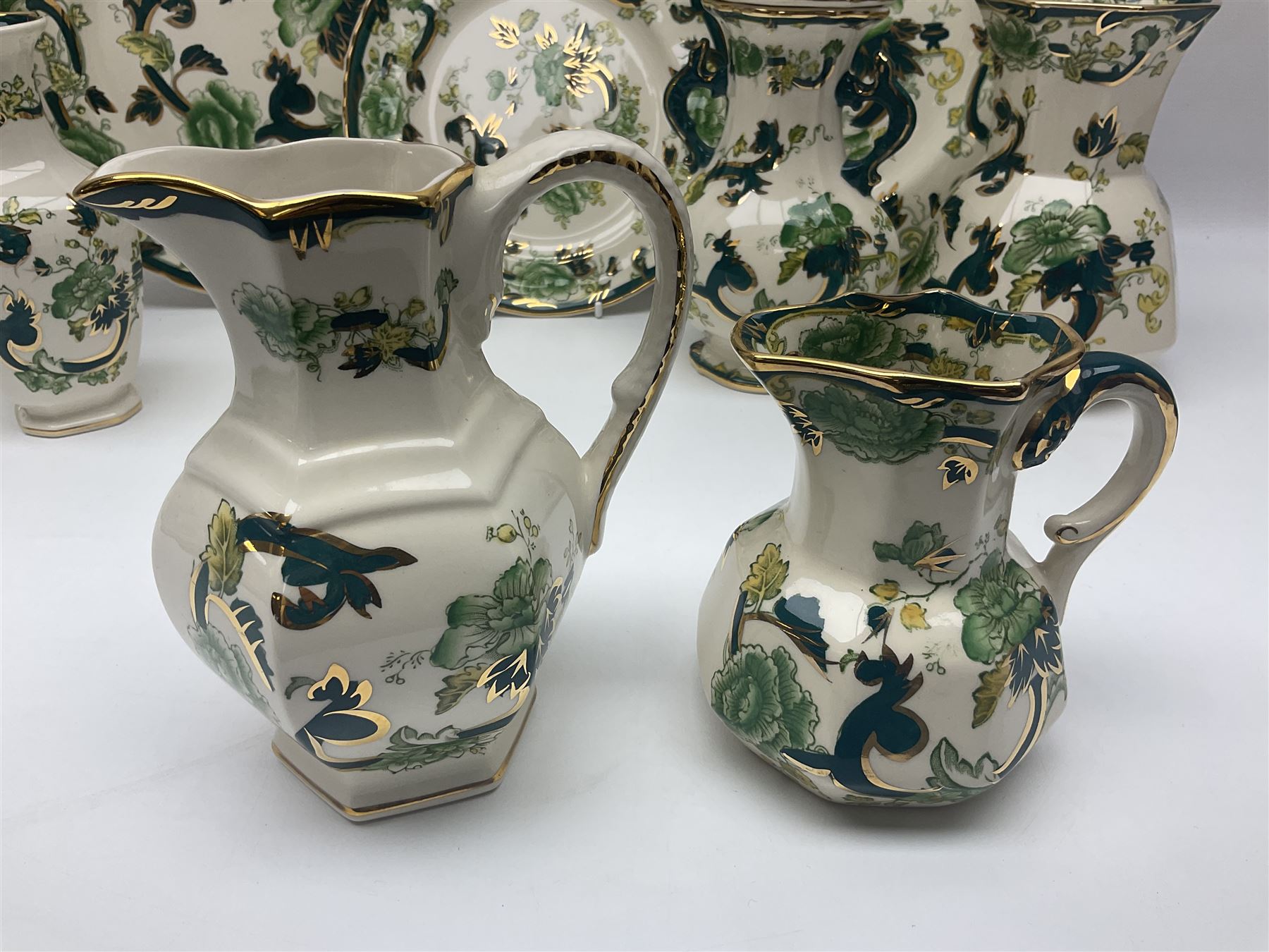 Collection of Masons Ironstone Chartreuse pattern, to include clock, six teacups, twin handled dish, ring dish, plates vases, etc, many with original boxes, clock H24cm 