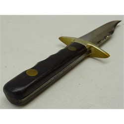  Hunting knife, shaped single edge blade stamped William Rodgers Sheffield England, wooden slab grip in leather sheath, L27cm  