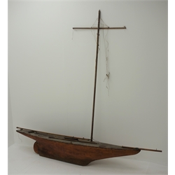  Early 20th century large pond yacht with planked wooden hull, weighted metal keel and wooden deck L177cm H170cm  