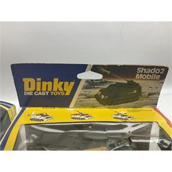 Corgi - die-cast model of James Bond Aston Martin DB5 No.271 with silver body and red interior, gold bumpers and four-spoke wheels, James Bond and two bandit figures; original window box with header card; and Dinky Shado 2 Mobile with one missile No.353; in window box (2)