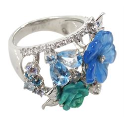 La Posy 18ct white gold diamond and stone set flower jewellery including matching ring, pendant and pair of earrings, stamped 750 La Posy 