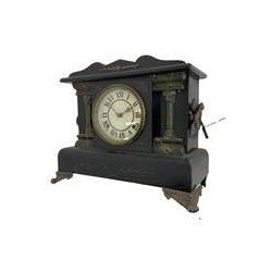 American wooden cased mantle clock striking the hours on a gong and half hours on a bell. With pendulum and key.