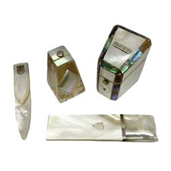 19th century mother of pearl and abalone needle packet box of wedge form, with compartmented interior, H5cm, together with a mother of pearl thimble box of similar form, H3cm, a mother of pearl Palais Royal style needle case of flat rectangular form with vacant silver cartouche, H9cm, and a mother of pearl page marker with vacant silver cartouche, H8cm, (4) 