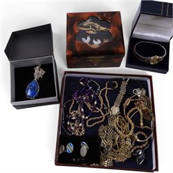 Faceted glass bead and faux pearl necklace with 9ct gold clasp, stamped 375, pair of silver enamel cufflinks and a collection of costume jewellery including rings chains, Rotary wristwatch, jewellery boxes etc