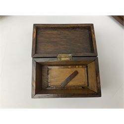 Four carved oak picture frames, of various shapes and two carved oak boxes, largest box H11.5cm