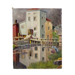 Follower of Thérèse Lessore (British 1884-1945): House on the Riverside, oil on canvas lai...