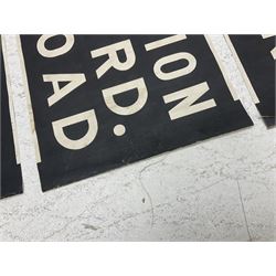 Three mid 20th century Scarborough bus destination blind sections, 'Railway Station, Falsgrave, Scalby Road', 'Marine Drive, West Pier' and 'Railway Station, Ramshill RD, Filey Road', each L78cm H30cm