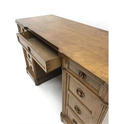 20th century mahogany and walnut pedestal desk, one long and two short drawers, each pedestal fitted with three drawers, reeded detailing