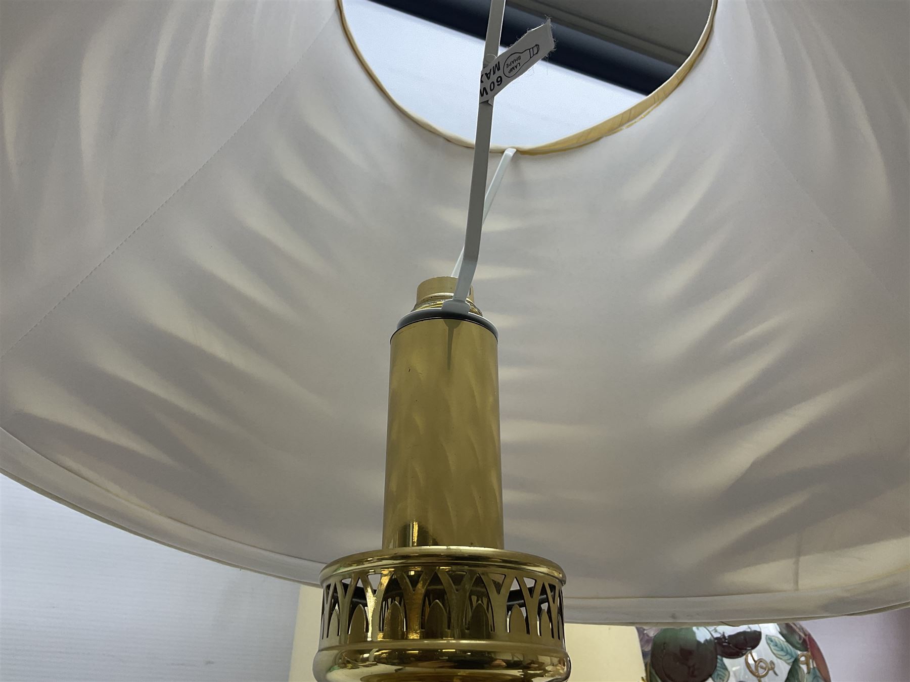 Collection of table lamps to include one of baluster form, decorated with fruit, one of squat, with a hand painted lampshade, and two standard lamps