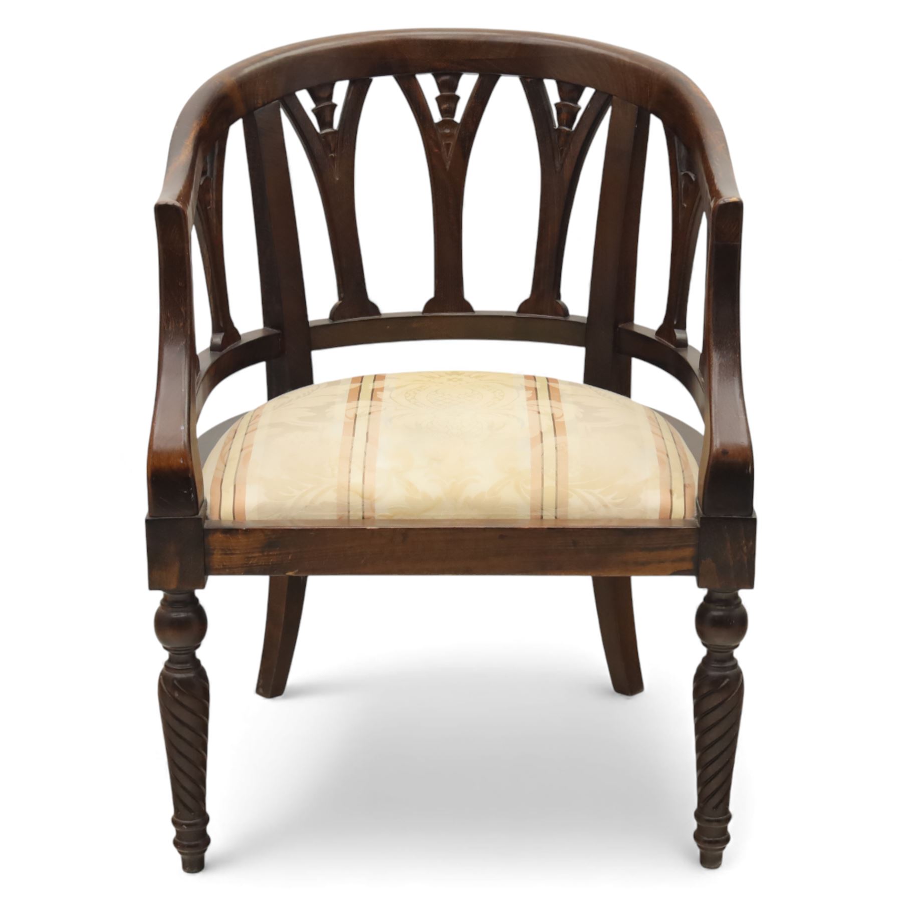 Late 20th century mahogany tub armchair, curved open back with pierced splat supports beneath a rounded top rail, upholstered drop-in seat in patterned fabric, raised on turned and ringed supports