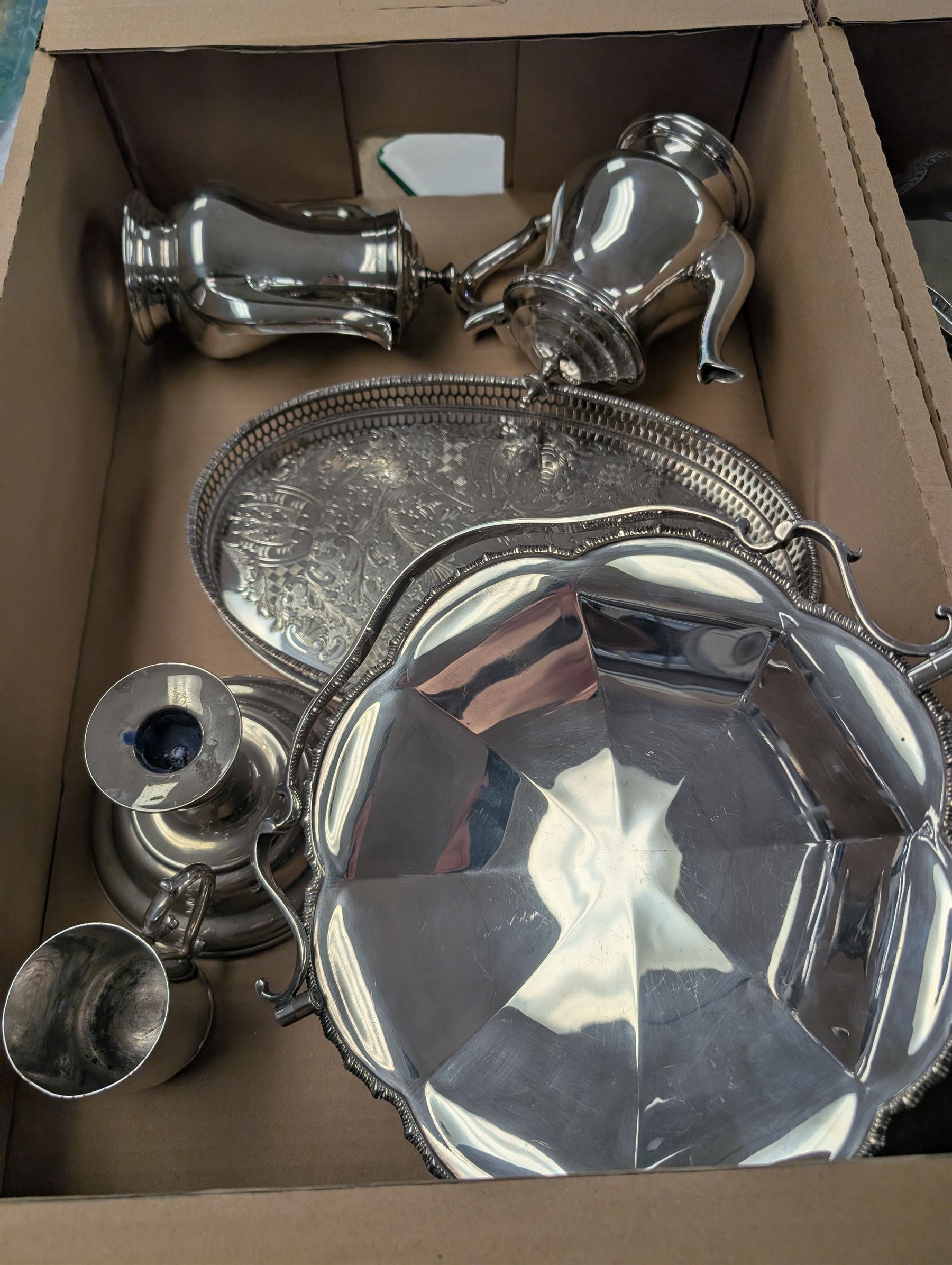 Collection of silver plated items, including trays, swing handled basket, coffee pot, candlesticks, etc