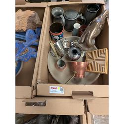 Collection of cut glass and crystal, including Dartington Crystal, glasses, decanters, vases, jug, carved wooden mask, Royal Worcester Evesham dishes, pewter tankard, Langham Glass cat, etc, in seven boxes