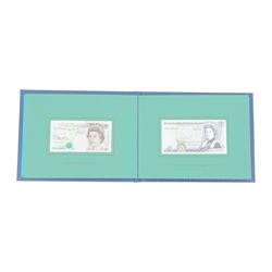 Seven Bank of England limited edition presentation pack pairs of banknotes, all with matching serial number 999966, comprising Gill five pound series D and E prefixes SE90 and A01, Kentfield five pound series E prefixes W18 and AA01, Kentfield ten pound series D and E prefixes KR30 and A01, Kentfield ten pound series E prefixes X40 and DD01, Gill twenty pound series D and E prefixes 20X and A01, Kentfield series E prefixes W35 and X01, and Kentfield series D and E prefixes E30 and A01, housed in leatherette binders manufactured by the Bank of England, 