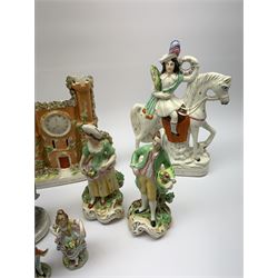 Victorian Staffordshire figure of a soldier on horseback entitled 'Peach' H29cm, Victorian style Staffordshire flatback in the form of a clock tower, pair of Sitzendorf porcelain figures, other simiar style figures and a Nao figure modelled as Don Quixote (8)
