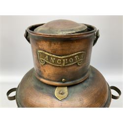 Copper and brass ship’s lamp marked ‘Anchor’, H25cm, Feuer hand storm lantern, Bialaddin Model 315 paraffin lamp and an Anchor lamp (4)