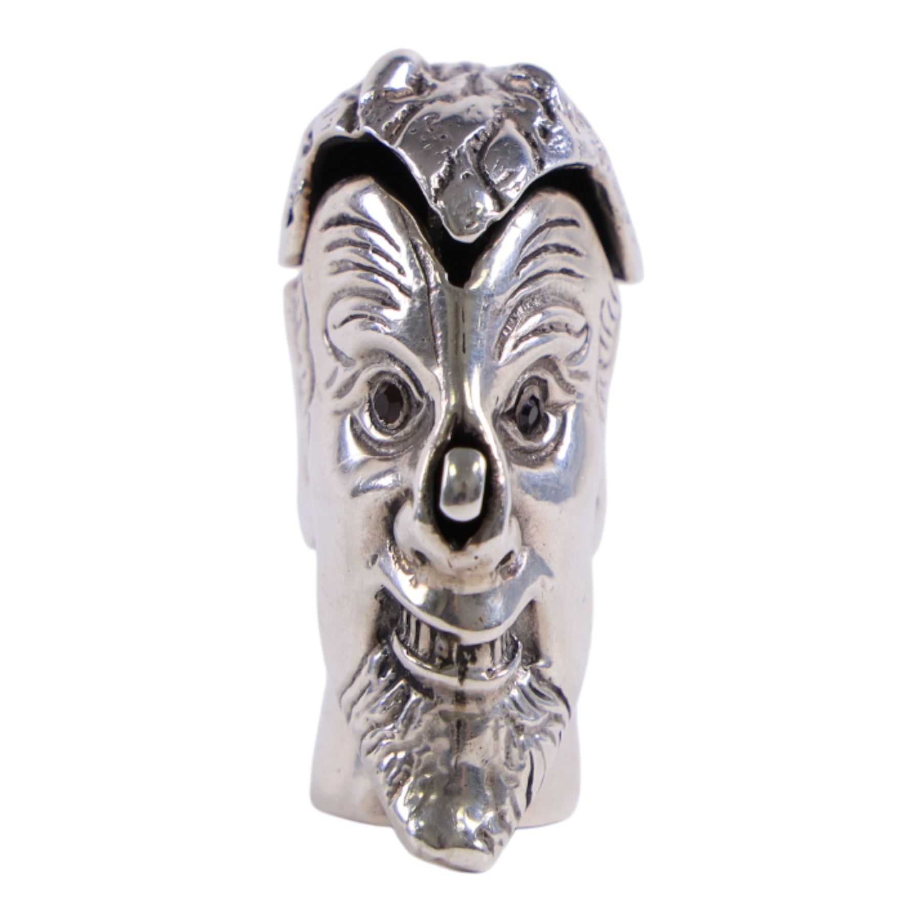 American Silver vesta case in the form of the devil with inset ruby coloured eyes, stamped sterling 295, H4cm