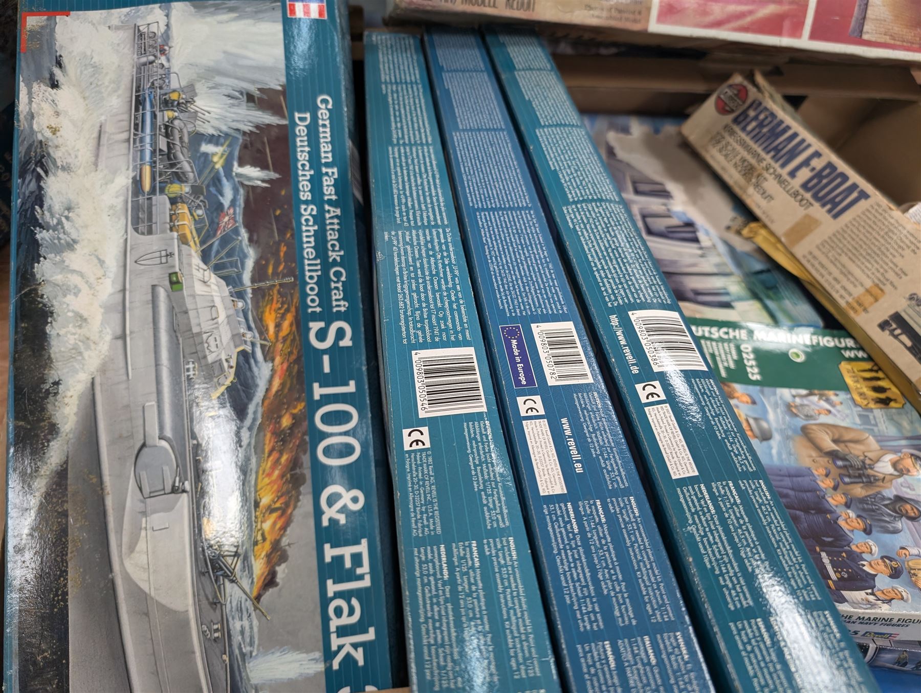 Collection of Revell military model building kits, including three USS Constitution examples, S-100 & Flak, German Submarine U99 and other similar model kits