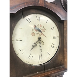 Late 18th century oak and mahogany banded longcase clock, swan neck pediment above hood with turned column pilasters,  circular enamel dial decorated with bird, Roman and Arabic numerals, subsidiary date aperture, thirty hour movement striking on bell, H205cm (with weight and pendulum)
