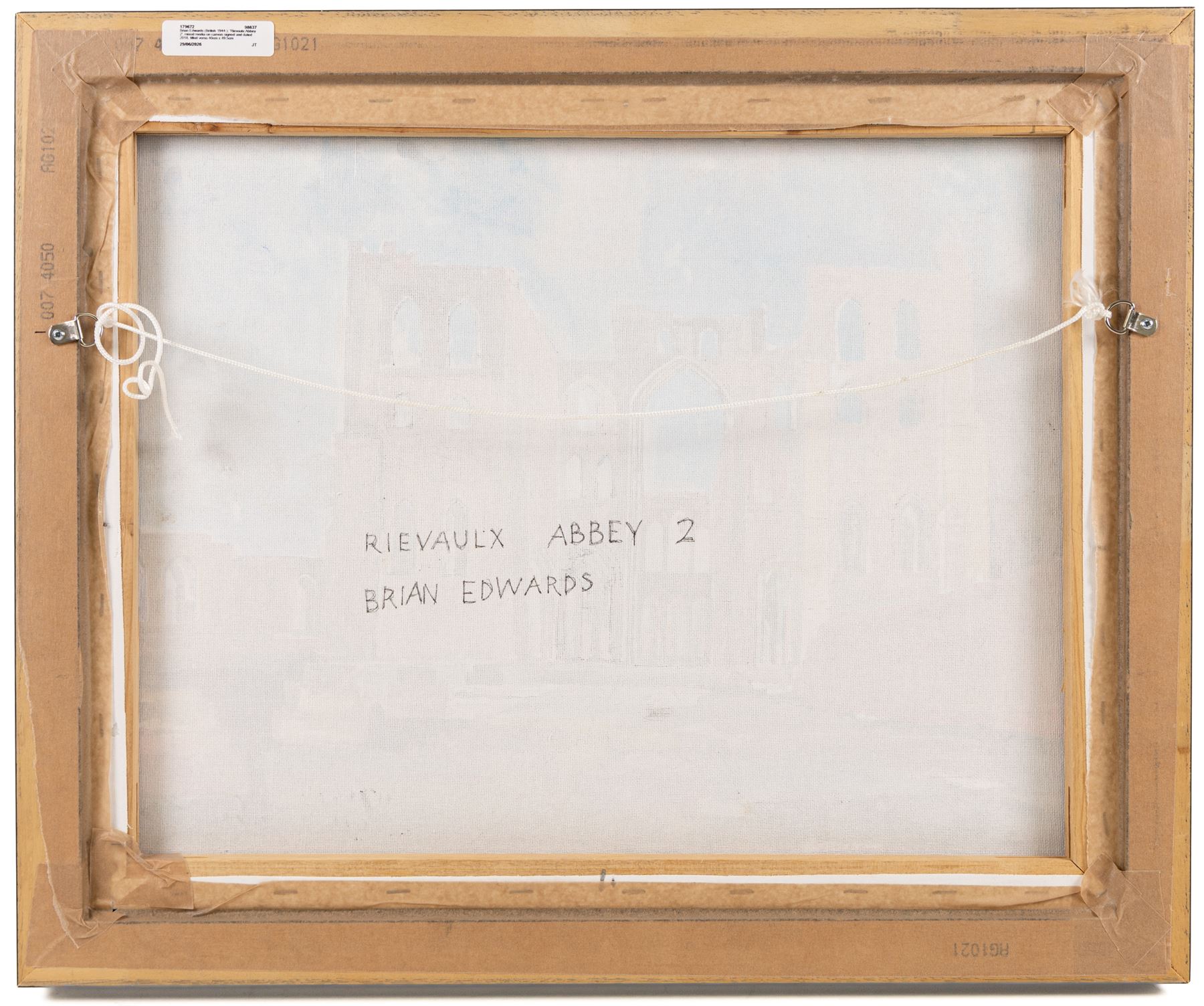 Brian Edwards (British 1944-): 'Rievaulx Abbey 2', mixed media on canvas signed and dated 2018, titled verso 40cm x 49.5cm
Notes: Dr Brian Edwards is Emeritus Professor of Architecture at ECA Edinburgh University. He is the author of the book ‘Understanding Architecture through Drawing’, has exhibited at the Edinburgh Festival, the RSA and architecture section of the RA Summer Exhibition. As a retired architect, his paintings explore the interface between art and architecture