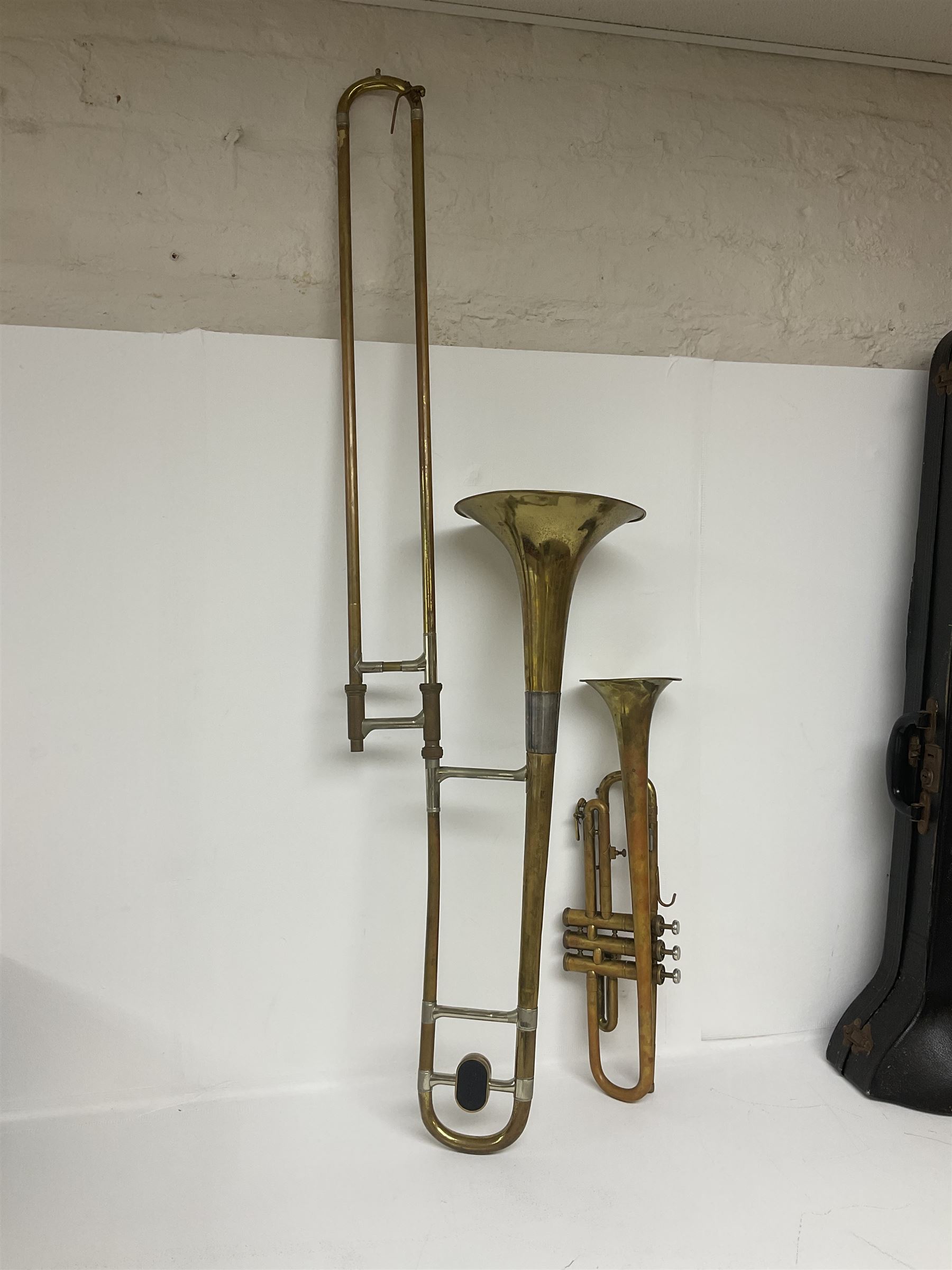 Three brass trombones comprising Elkhart Ind. USA 'CONN' model no.72H