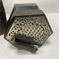 Wheatstone & Co McCann duet system concertina, no 25549, circa 1912, with fifty five metal buttons, hexagonal and chrome plated fretwork ends and six fold bellows, bearing plaque C Wheatstone & Co Inventors, Patentees & Manufacturers 15 West St, Charing X Rd, London; WC, with original case