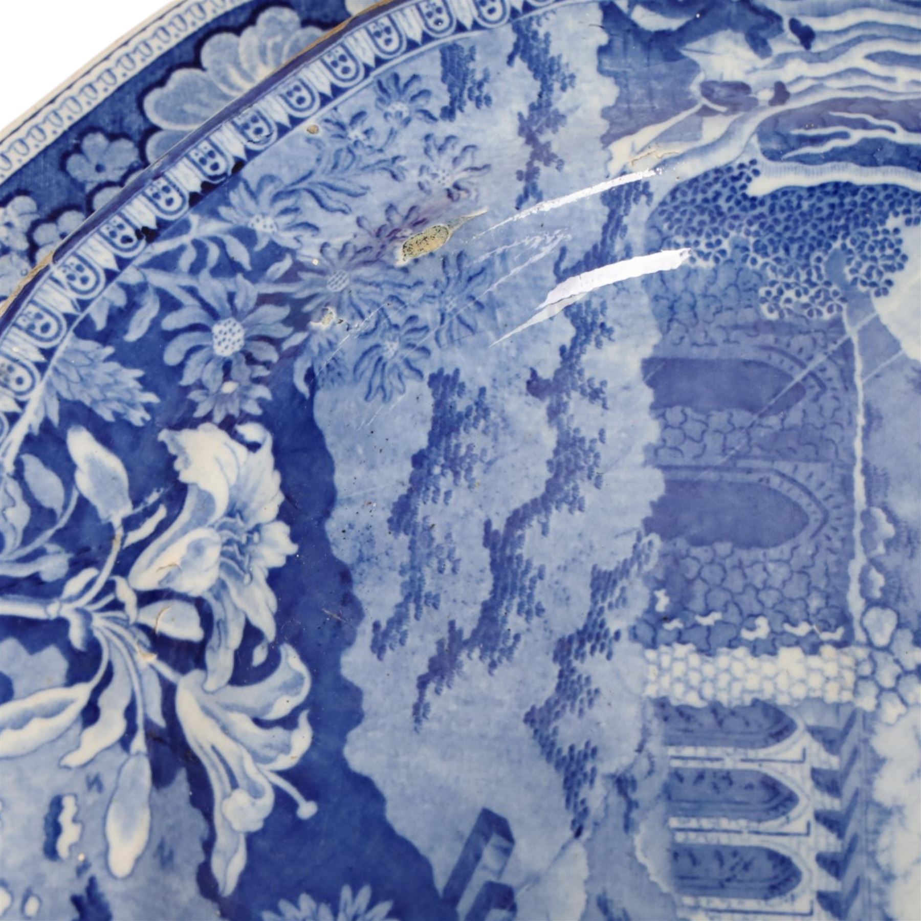 Early 19th century John Rogers & Son blue and white transfer printed pottery meat plate, decorated with the Monopteros or Remains of an Ancient Building near Firoz Shah's Cotilla, Delhi pattern, circa 1820-1830, with impressed marks beneath, L47.5cm