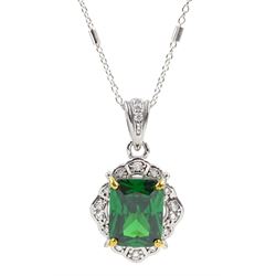 Silver green stone and cubic zirconia cluster pendant necklace, stamped 925 