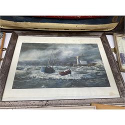 RNLI collection box in the form of a boat makers half block model, painted in the colours of a lifeboat with flag and ship motifs, H25cm, L73cm together with framed photos, postcards and prints of lifeboats and crew, including Scarborough lifeboat station