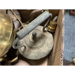 Collection of brass and copper kettles, including two spirit kettles etc