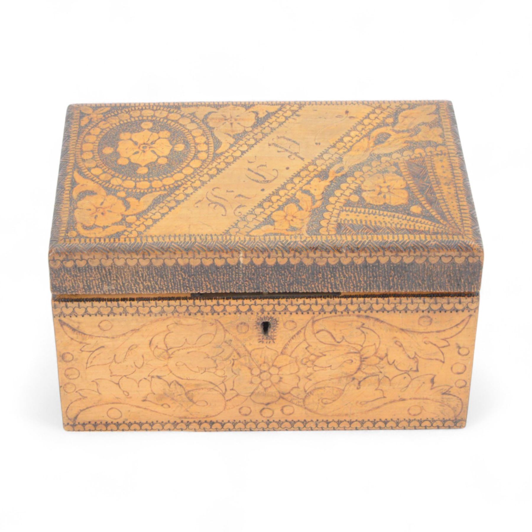 19th century stationery box, with poker work decorated, the sloped lid bearing initials
KEP opening to reveal four letter interior, H13cm