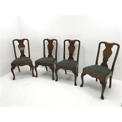 Set four mid 20th century walnut dining chairs, shaped cresting rail and splat, upholstered drop in seat, cabriole legs, W58cm