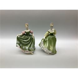 A group of eight Royal Doulton figures, comprising Simone HN2378, Amy HN3854, Fragrance HN2334, Louise HN3207, Adrienne H2304, Michele HN2234, Fine Lady HN2193, Winsome HN2220 and a Coalport figure, Polly. 