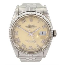 Rolex Oyster Perpetual Datejust gentleman's stainless steel automatic wristwatch, Ref. 16220, serial No. E271806, cream dial with Roman numerals, on stainless steel Jubilee bracelet, boxed with with guarantee dated 24.11.1990