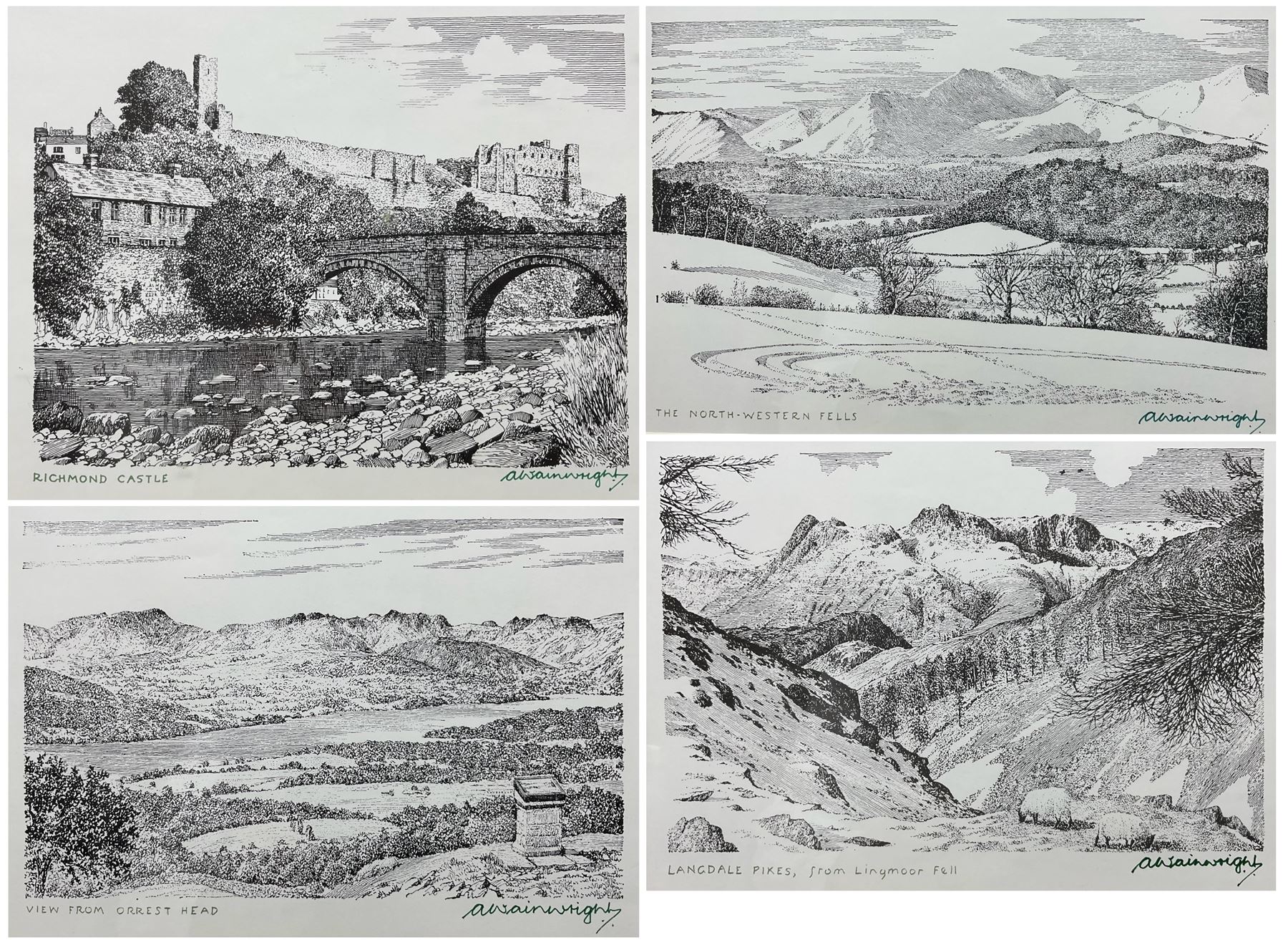 Alfred Wainwright MBE (British 1907-1991): 'Richmond Castle' 'Langdale Pikes from Lingmoor Fell' 'The North-Western Fells' and 'View from Orrest Head', four monochrome prints each signed in pen by the artist max 18cm x 23cm (4)