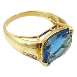 14ct gold marquise shaped London blue topaz ring with diamond set shoulders, stamped 14K 585