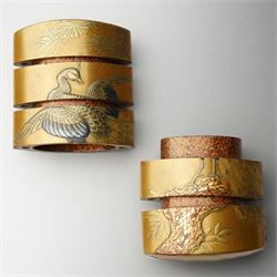 Minsetsusai Kyūho - Fine Japanese Meiji period gold lacquered four-case inro, of rounded rectangular form, the body with maki-e decoration depicting a peacock on a branch, the internal body with nashiji lacquer, artist's two character signature and kakihan to base, H6.5cm
Notes: For the artist, see see E. A. Wrangham, The Index of Inro Artists, Harehope, Northumberland, 1995, p. 158.
An inro would be an essential element of a gentleman's kimono, which typically lacked pockets. The stacked compartments could be used to hold medicine, which was particularly useful for Samurai warriors going into battle. 