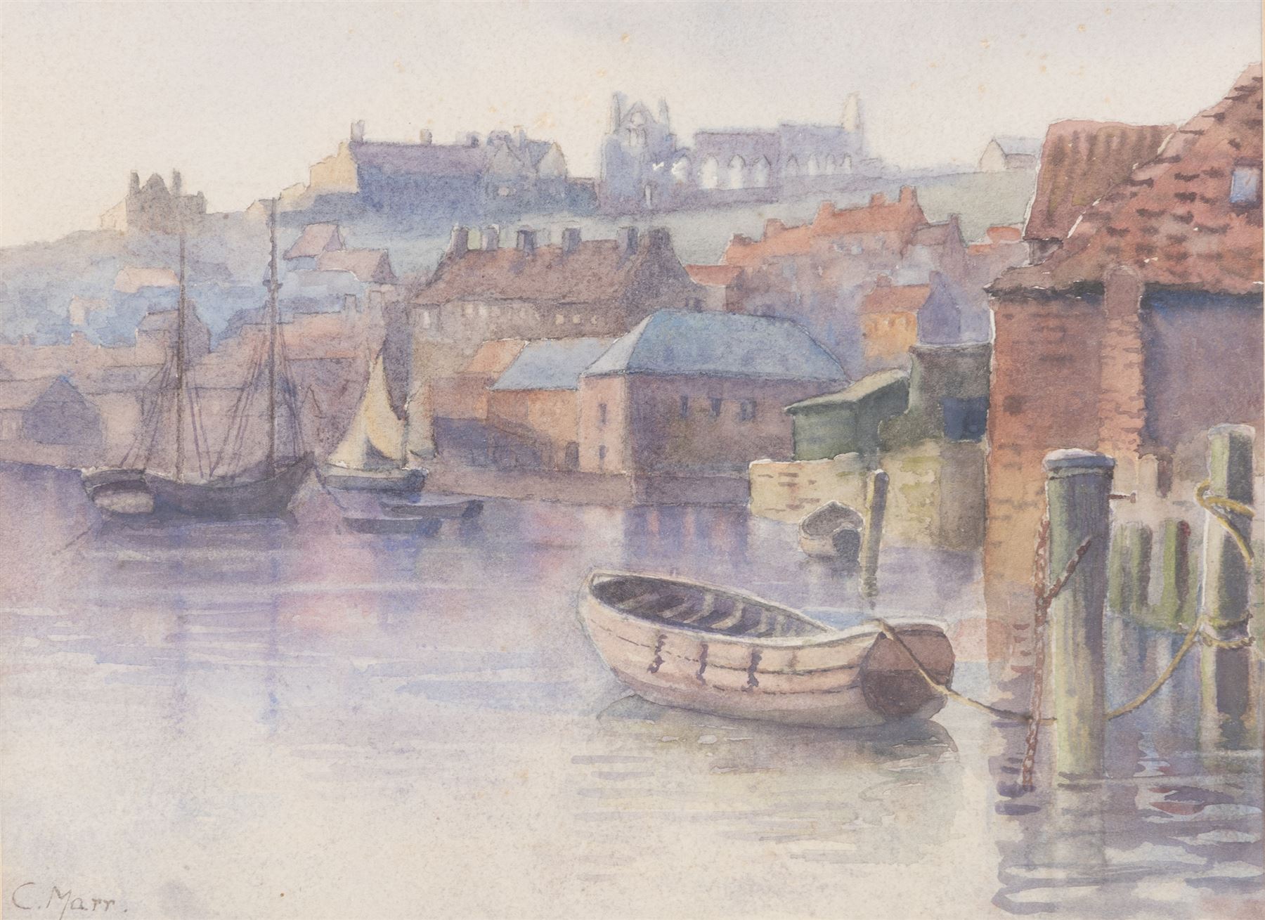 A Smith (British 19th/20th Century): Scarborough Pier Lighthouse, watercolour indistinctly signed 24cm x 19cm; C Marr (British 19th/20th Century): 'Whitby Harbour', two watercolours signed, one titled verso, 20cm x 28cm and 22cm x 29cm (3)