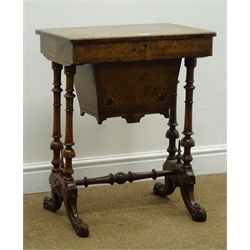  Victorian inlaid figured walnut sewing table, hinged lid enclosing fitted lined interior, turned supports and stretchers, outsplayed carved feet, W54cm, H68cm, D42cm  