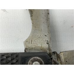 WW2 British army folding jack/clasp knife with blade and can opener marked with broad arrow and date 1944; a similar unmarked British army folding three-blade knife; and another later similar British Army knife marked Wade & Butcher Sheffield England (3)