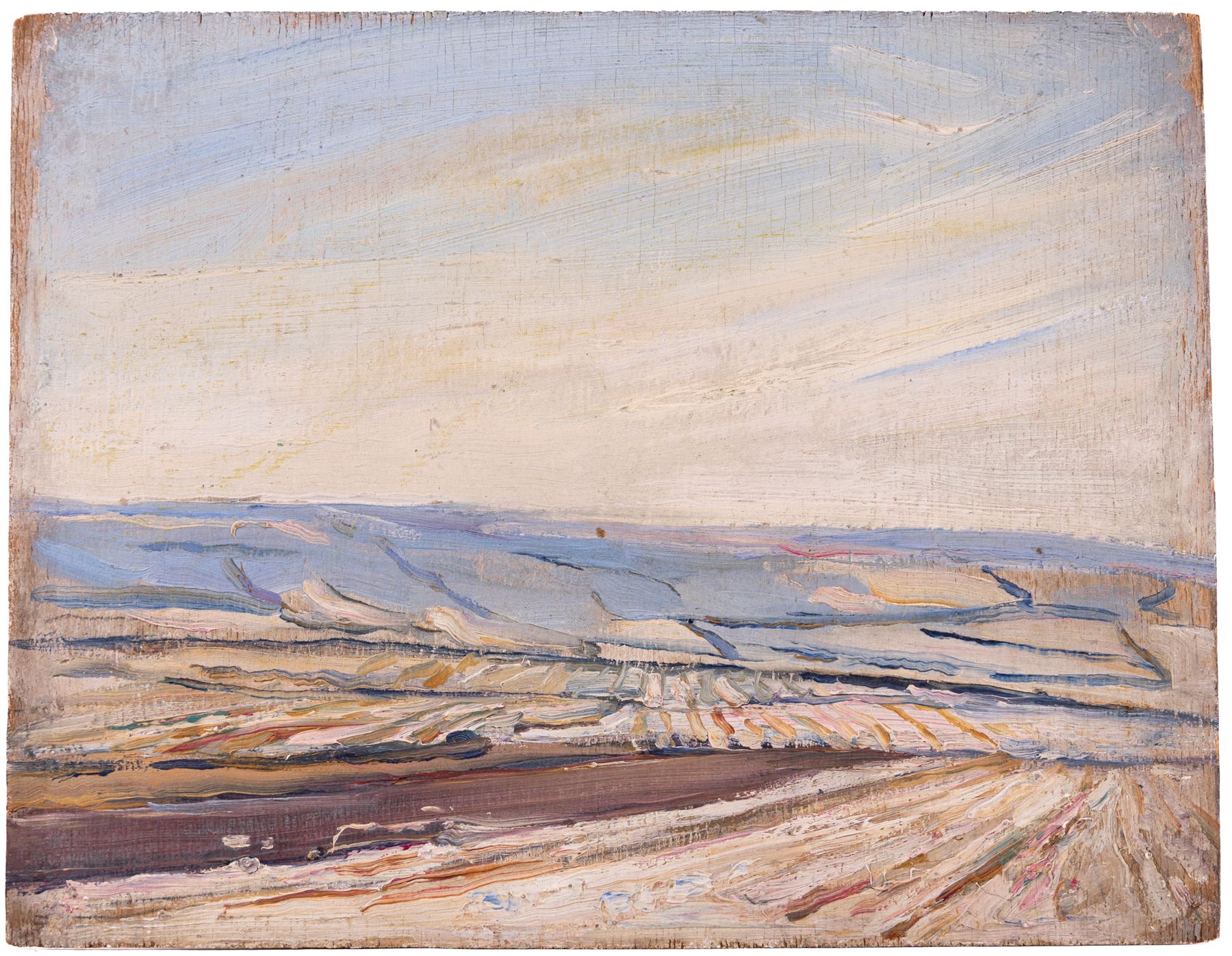 Florence Adelina Hess (Staithes Group 1891-1974): Landscape above Runswick, oil on panel unsigned 21cm x 27cm 
Provenance: from the collection of Doris Bilbrough (née Sykes), cook to the Hess household in the 1930s, thence by descent through the family.