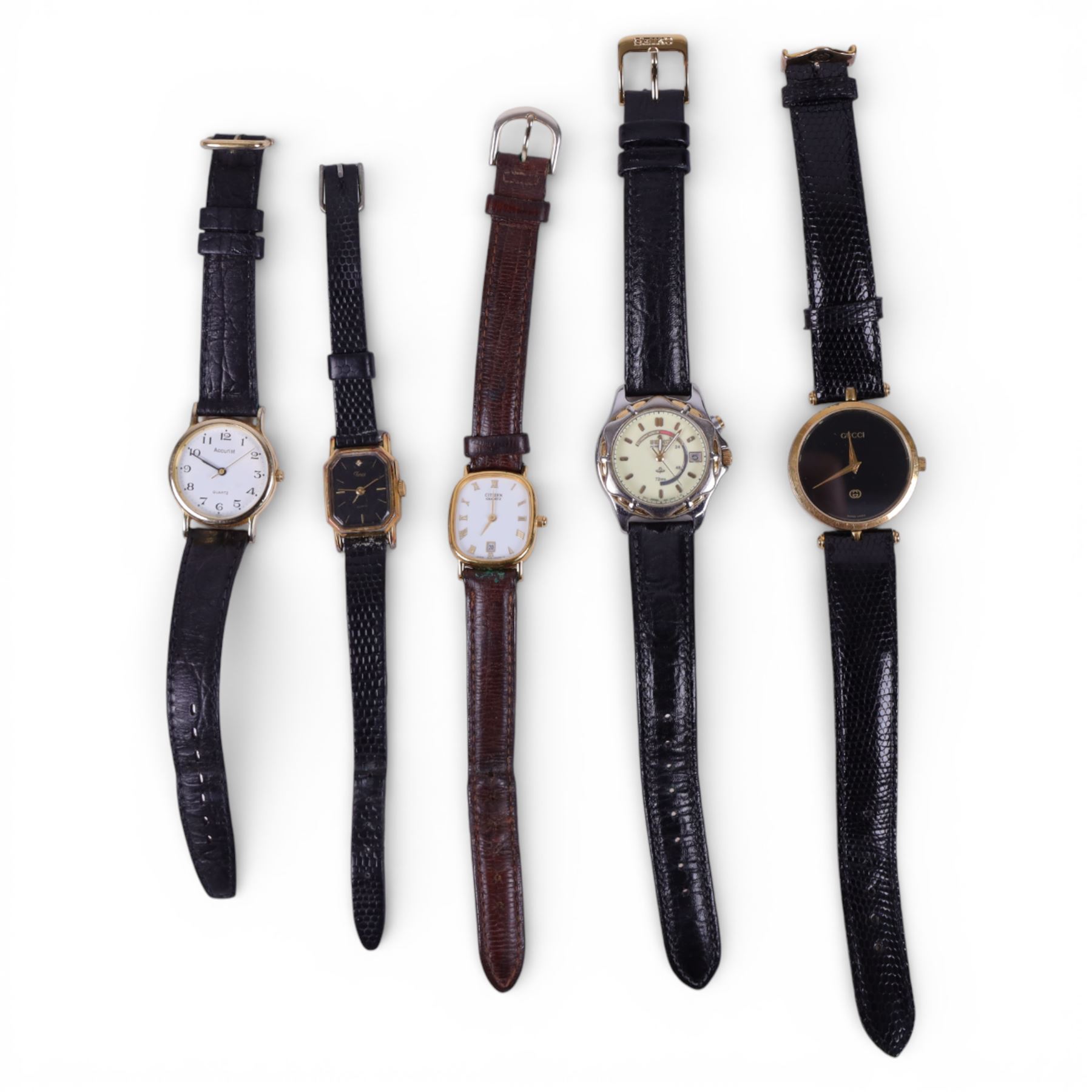 Five ladies wristwatches, including Gucci, Seiko, Timex, Accurist and Citizen examples