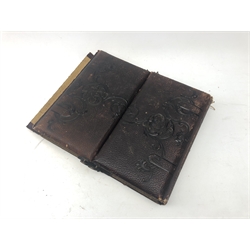  Victorian photo album, double folding embossed leather cover with brass clasps, partially stocked with cabinet portraits  
