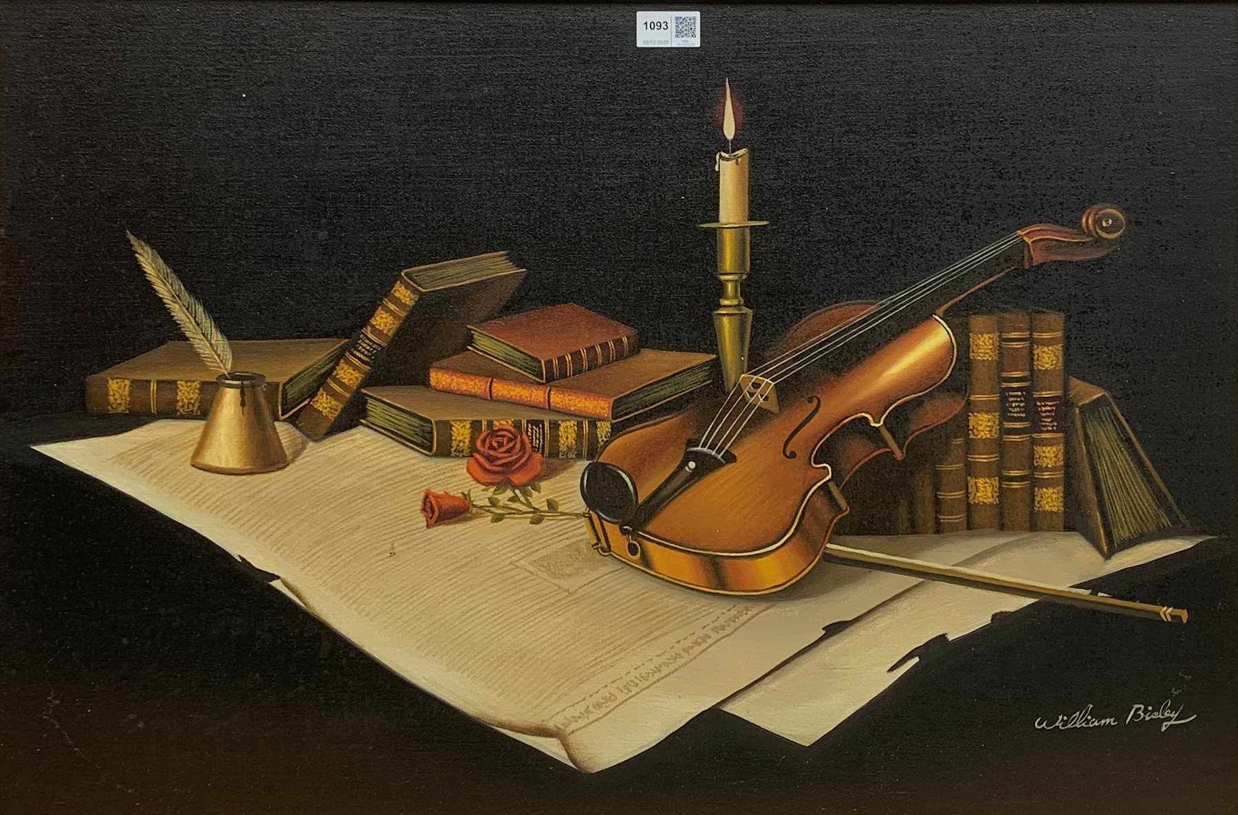 William Bisley (20th century): Still life of a Violin and Library Artefacts, oil on canvas signed 49cm x 75cm 